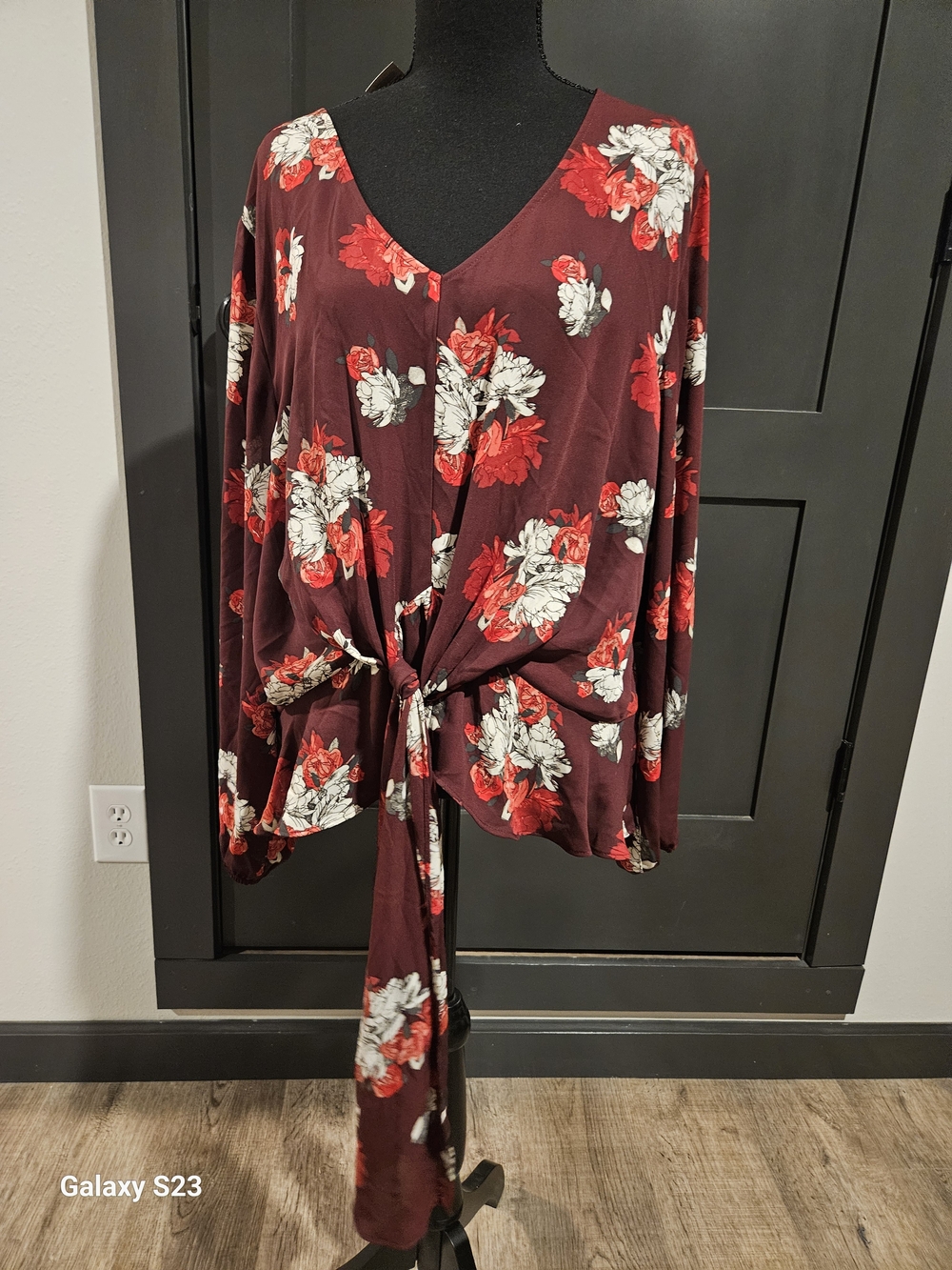 Maurices Burgundy Floral Tie-Front Blouse